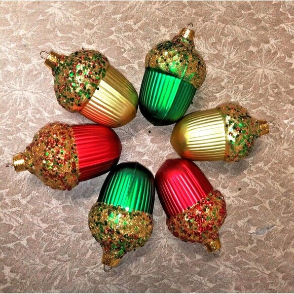 6 Vintage Christmas Glass Ornaments Acorns w/glitter sequins Commodore red gold - Picture 2 of 5